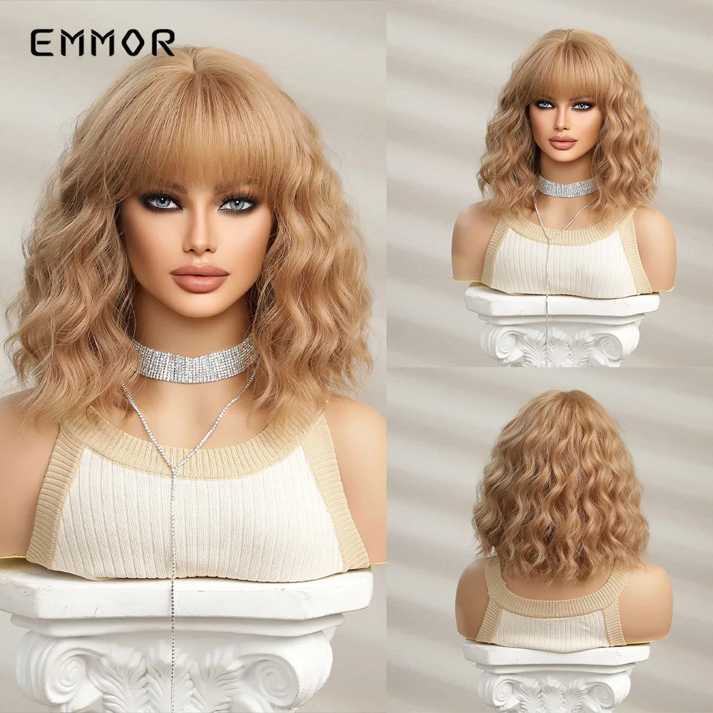 

Emmor Synthetic Light Brown Bob Wigs with Bangs for Women Curly Wavy Wig Party Daily Cosplay Use Heat Resistant Fibre Hair Wigs