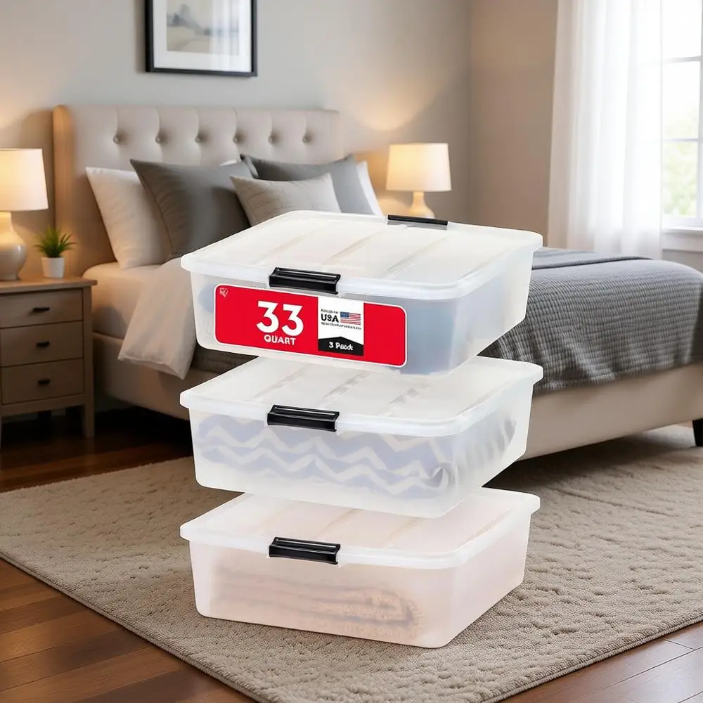 

Набор из 3 прозрачных пластиковых контейнеров для хранения объемом 33 кварты с крышками и застежками для постельного белья, одежды, обуви
