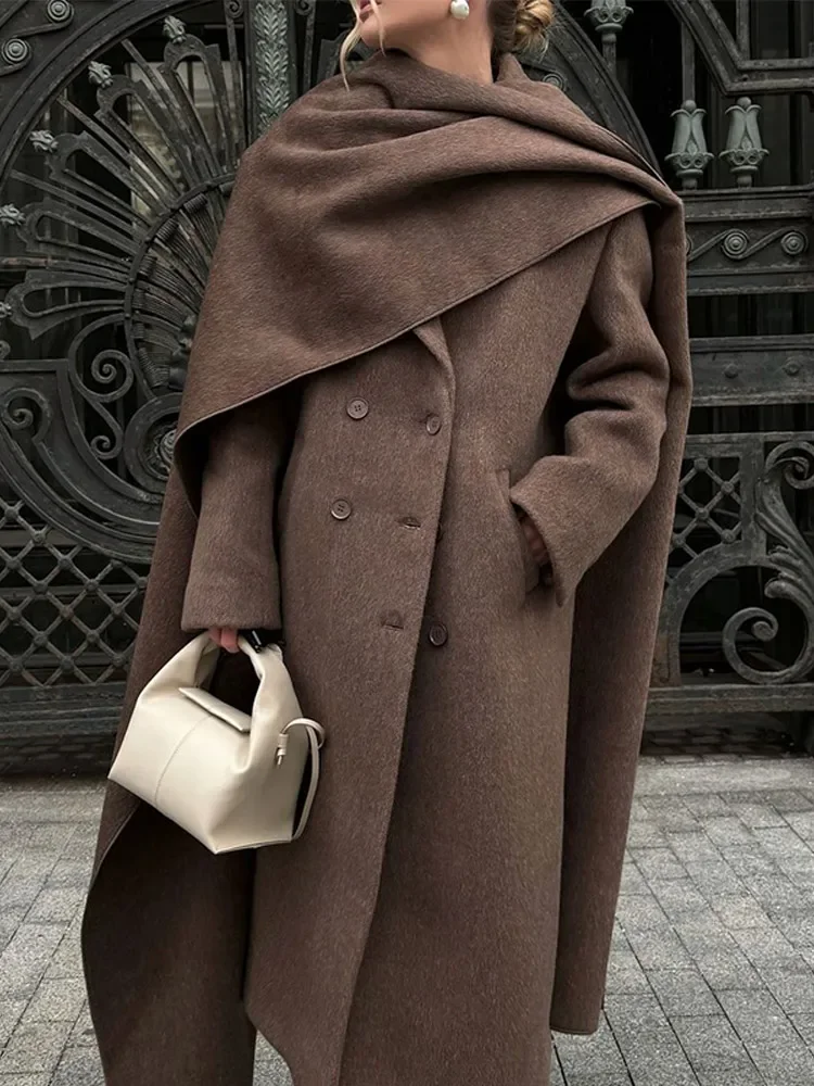 Abrigo de mujer con cuello y bufanda grande de manga larga de gran tamaño a la moda, abrigo elegante liso con bolsillos y doble botonadura, ropa para ir al trabajo 2024