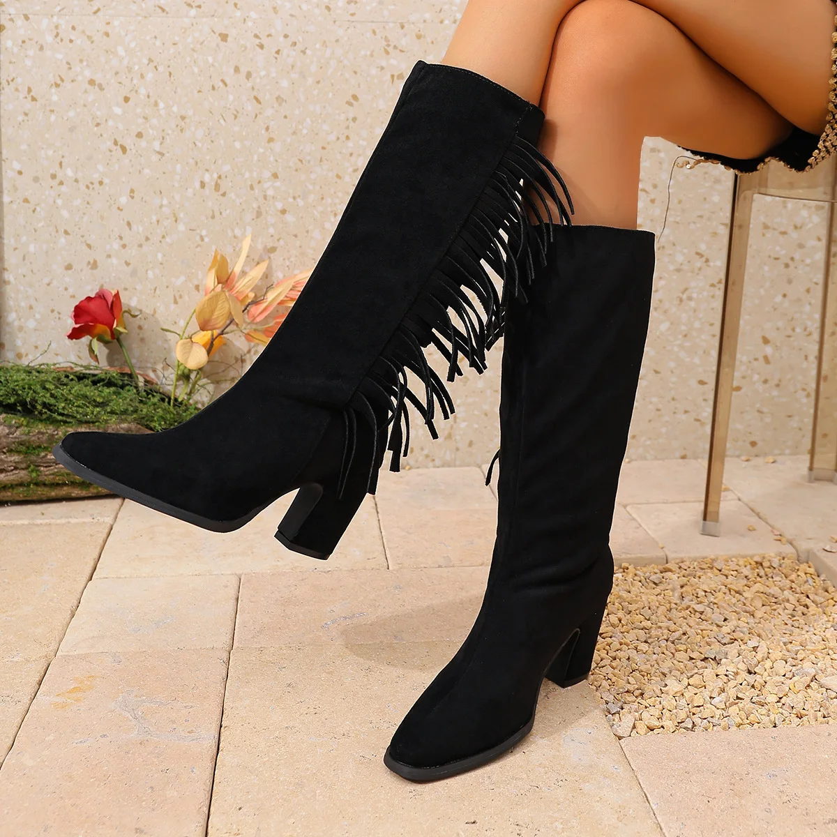 

High-heeled Suede Boots with Tassels, Chunky Heel, Large-sized, Square-Toed Sleeve, New Style, Fashion, Winter, 2025