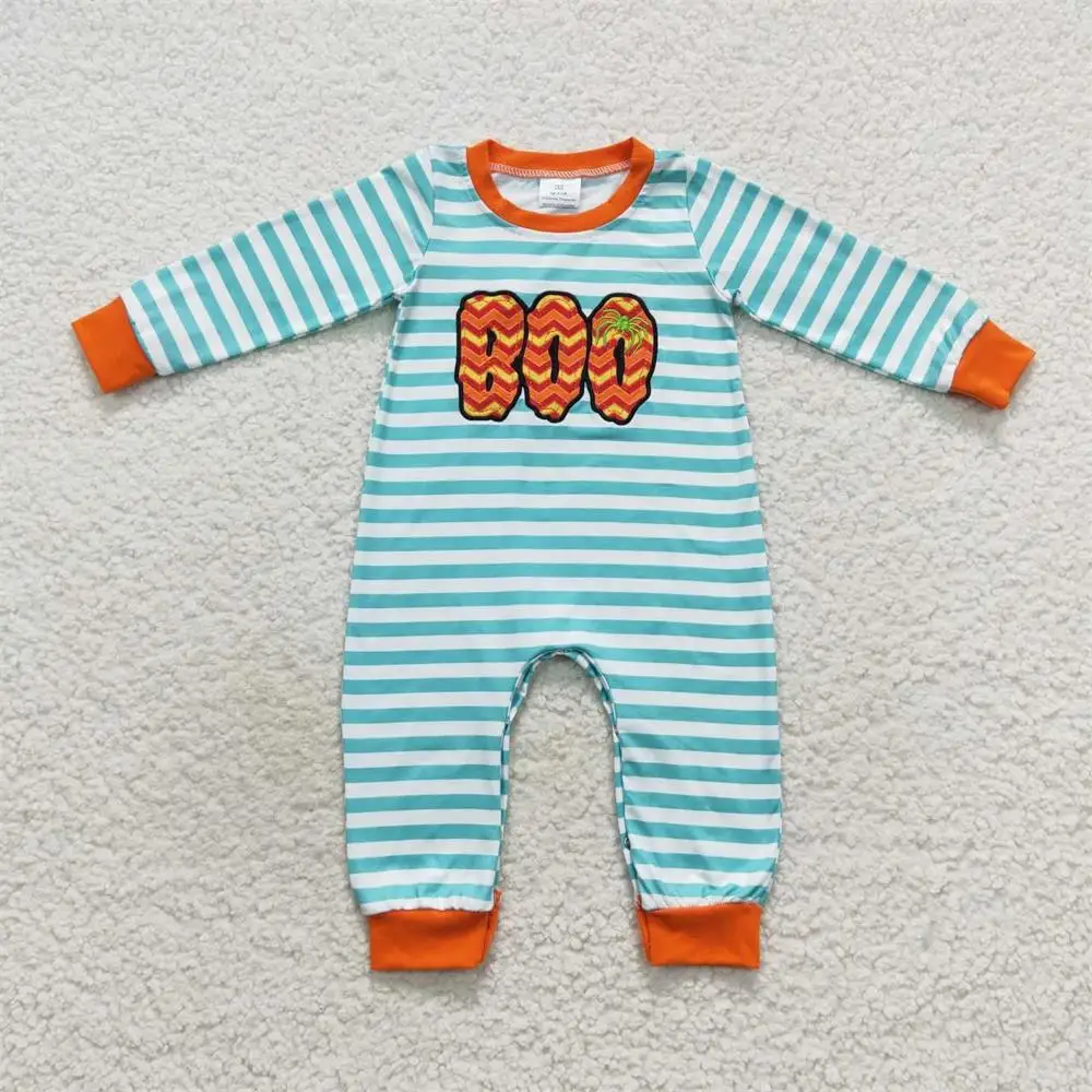 

Wholesale Newborn Halloween Romper Baby Boy Long Sleeves Boo Embroidery Jumpsuit Kids Toddler Stripes One-piece Children Clothes