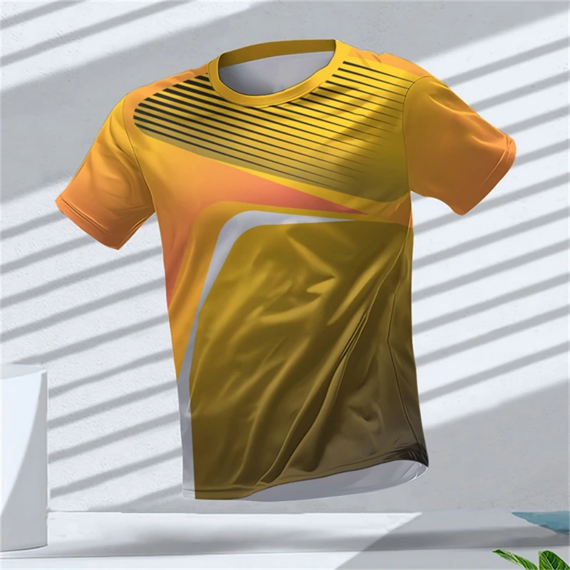 Men Sports Short Sleeve T-Shirt Quick Dry High Elastic Orange Gradient Stripe Geometric Print Breathable Slim Training Top