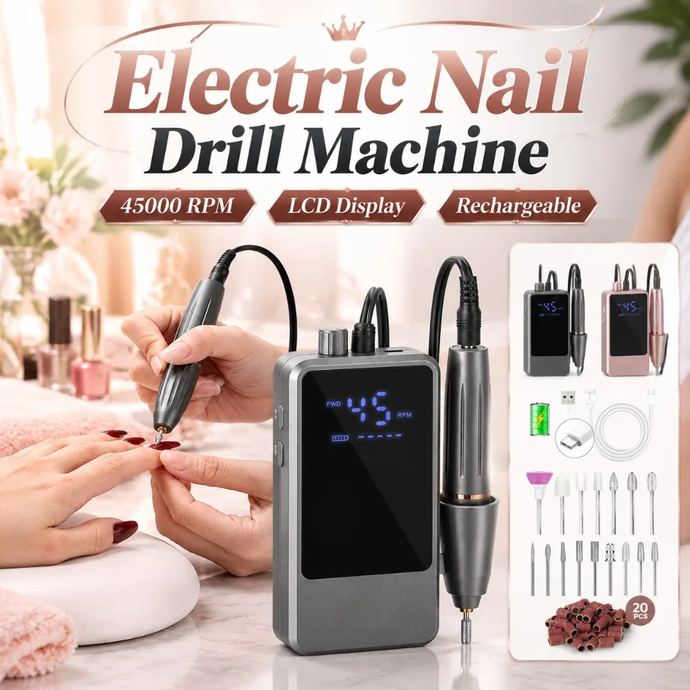 45000rpmの電動ネイルドリル。高速、1600mahバッテリー内蔵、ポータブル、充電式、低騒音。ネイルファイルキット。