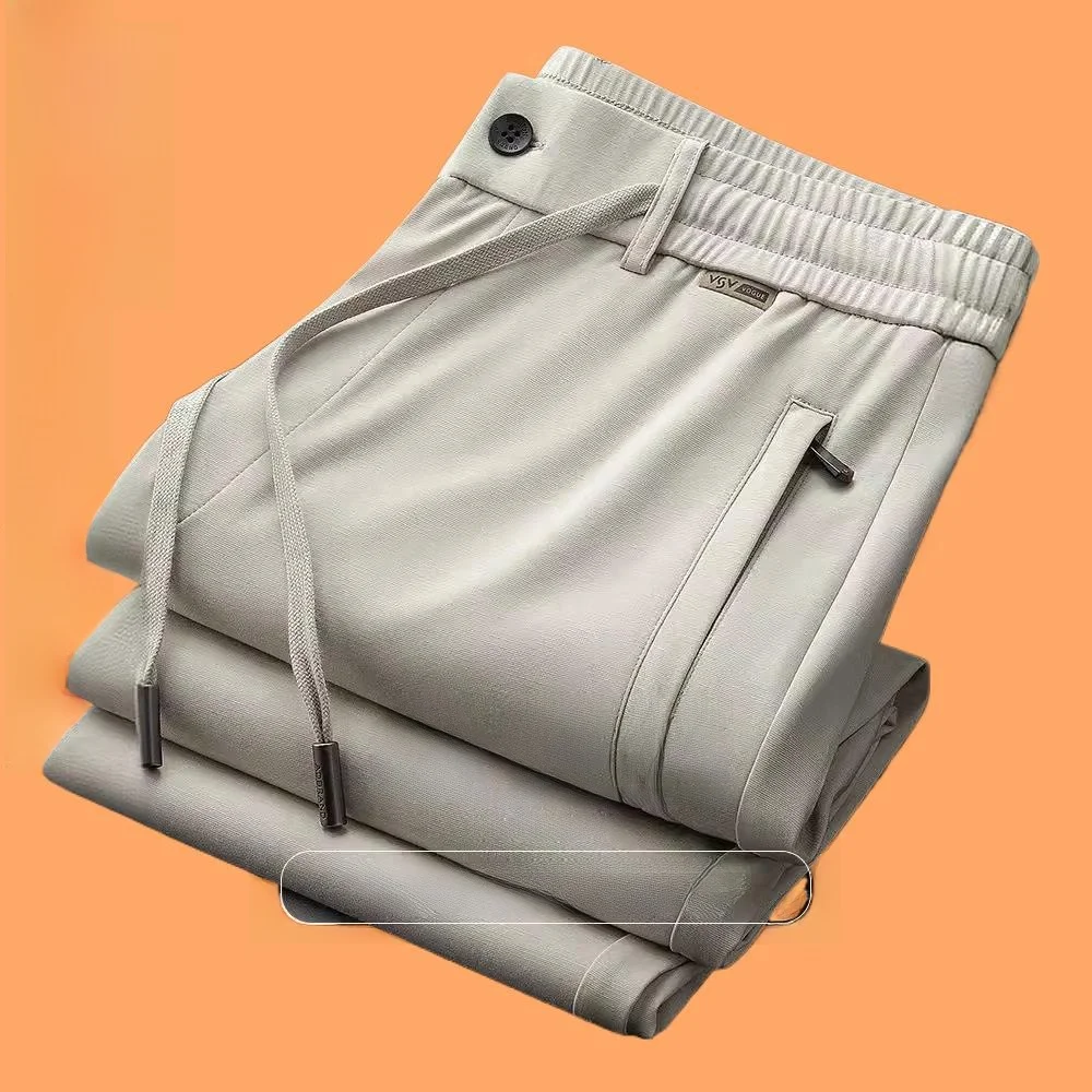 

Удобные летние новые тонкие полуэластичные брюки из ледяного шелка для мужчин, легкие, повседневные, деловые, шелковые мужские длинные брюки