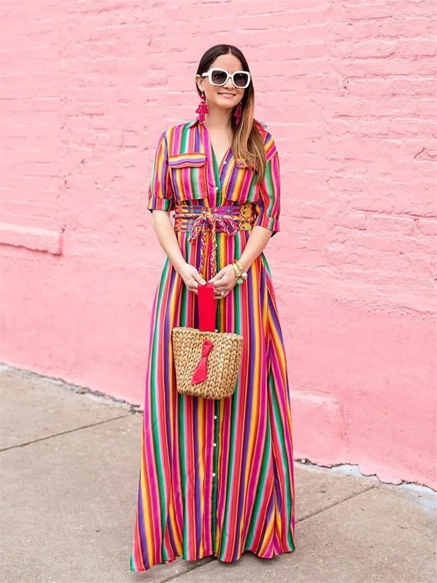 Women's Summer Faion Long Sve Loose Casual Rainbow Stripe Print A-Line Long Dr Street Sle V-Ne Midi Skirt