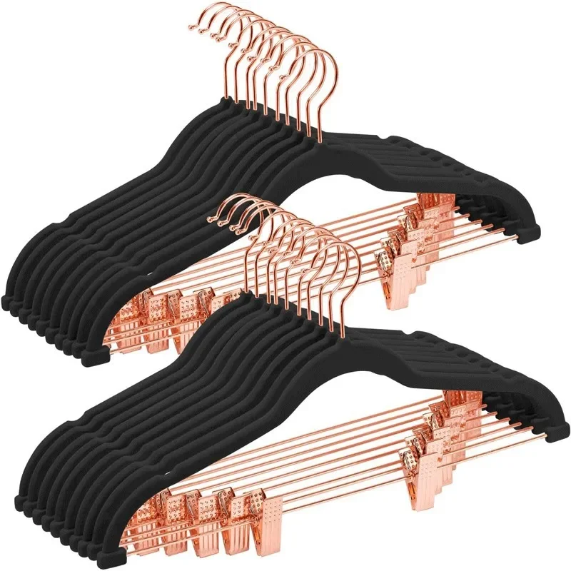 10Pcs Flocked Hangers with Rose Gold Metal Clips - Multifunctional Home Organization Non-Slip Velvet Pants and Skirt Hangers