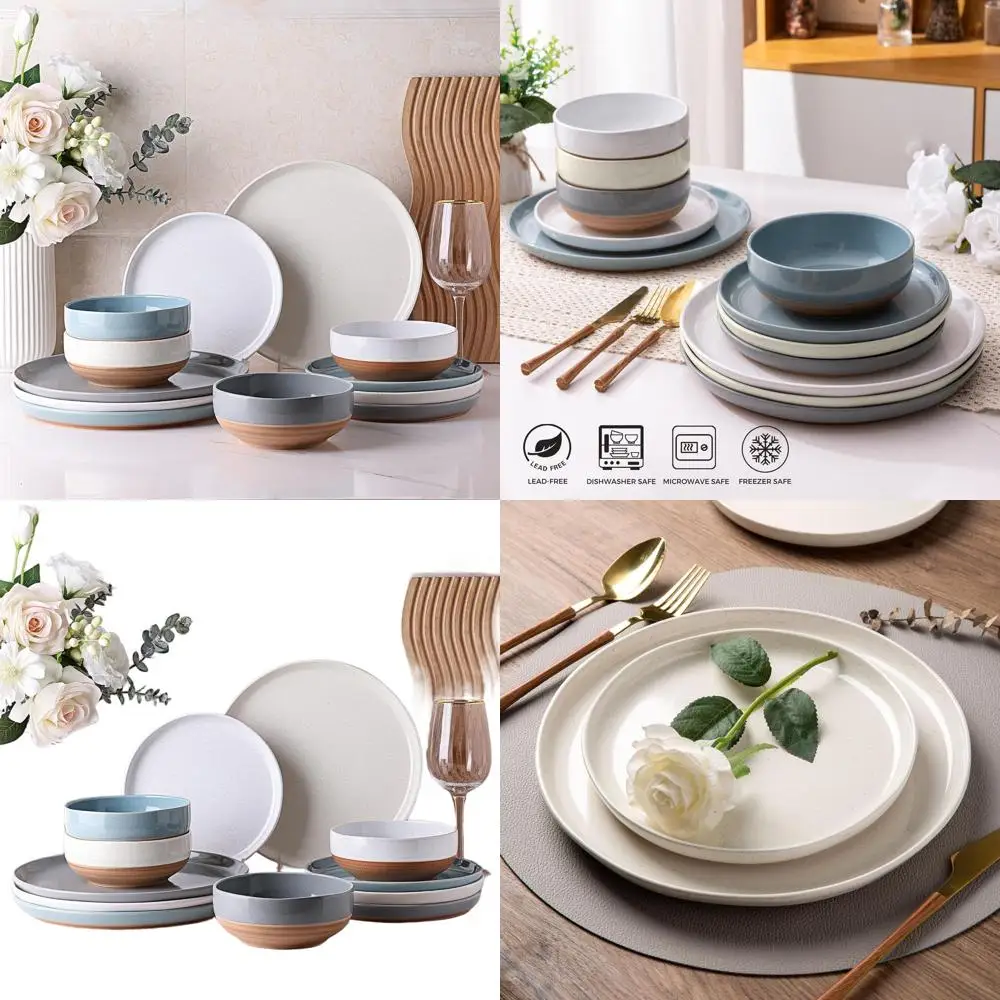 

Handcrafted 12-Piece Dinnerware Set for 4, Rustic Terracotta Underside, Multi-Color Stoneware Plates & Bowls, Dishwasher and Mic