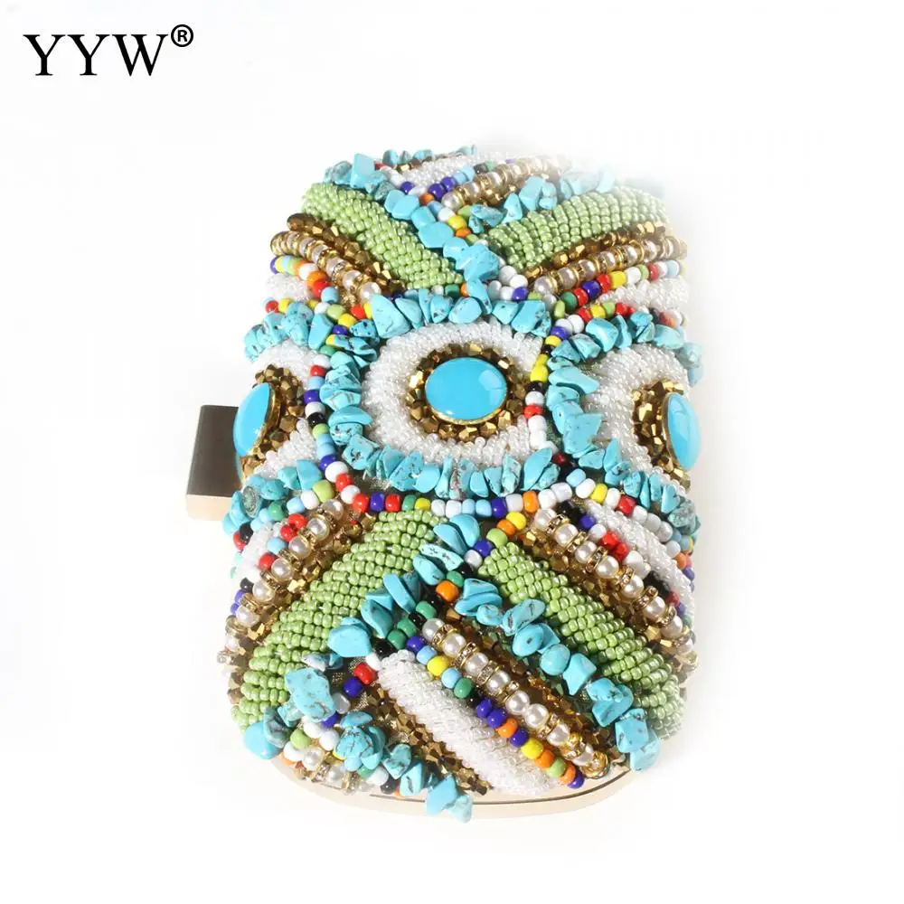 2023 Multicoloured Stone Bohemia Beading Evening Clutch Bags Contrast Rainbow Colors Hand Bags Women Wedding Party Purse Clutch