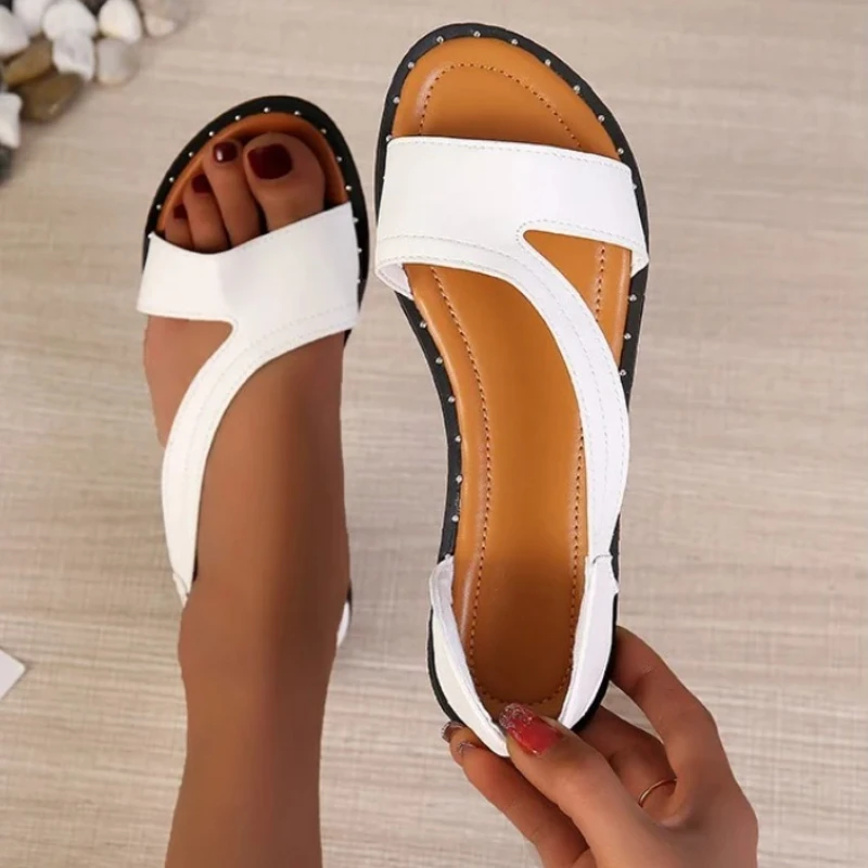 2024 White Fashion Women\'s Sandals Summer Slip-on Casual Shoes Women New PU Leather Outdoor Flat Sandals Ladies Zapatos Mujer