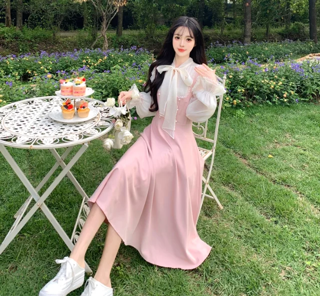 ربيع الخريف حجم كبير الحلو الوردي القوس عالية الخصر ألف خط فستان موضة الحد من العمر الشاش الربط وهمية قطعتين فساتين طويلة #3