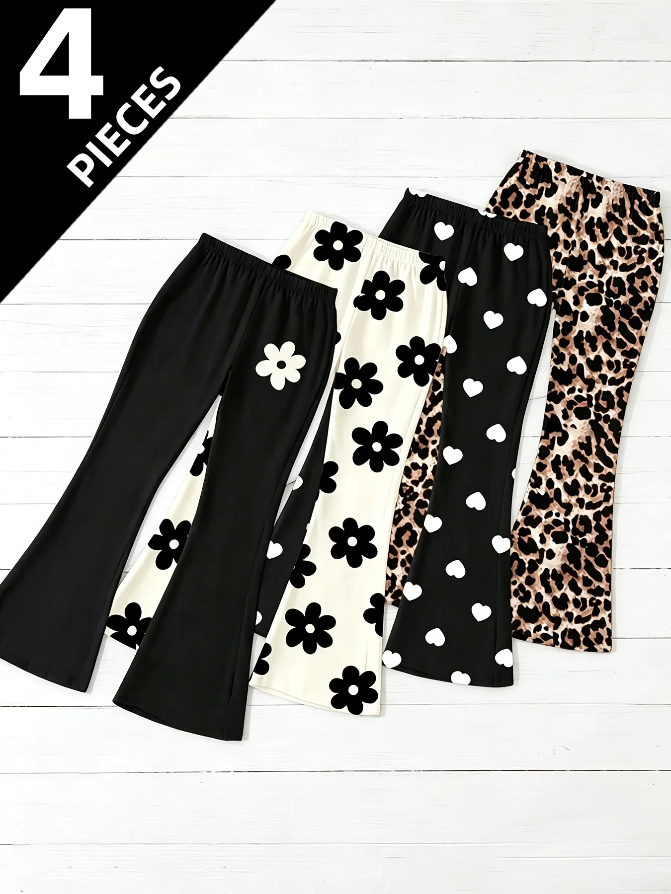 4er-Pack bedruckte Schlaghosen für Mädchen – Leopardenmuster / Herzen / Blumenmuster – Freizeithosen mit hoher Taille und elastischem Bund – Detail 3
