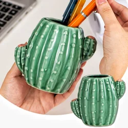 1 PC Cactus Ceramic Pen Holder Stand Cup Pencil Holder Organizer Makeup Brush Holders for Home Office Desk Green White Cactus