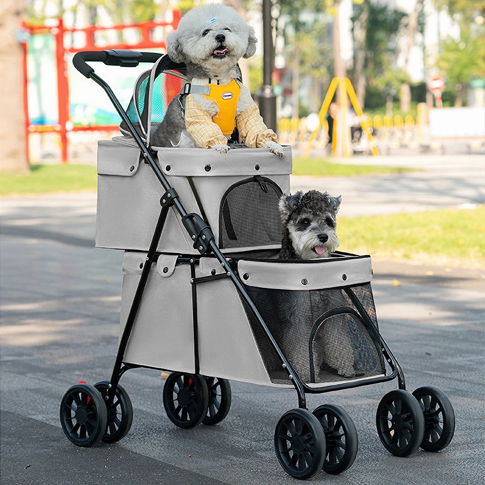 Hundewagen für Hunde, Katzen und Haustiere, Doppelschicht, faltbarer Haustierwagen für 2 Haustiere, atmungsaktives Oxford-Material, Braun/Schwarz/Grau – Detail 2