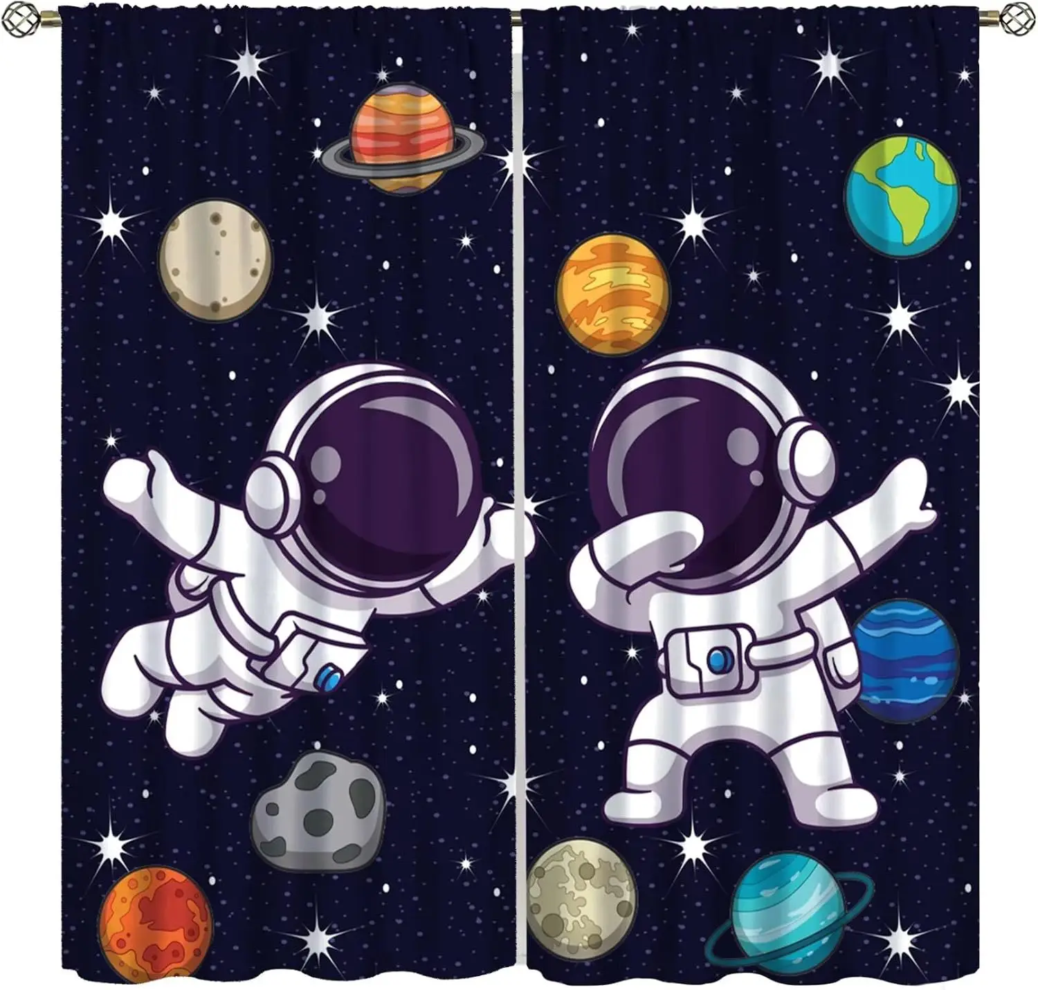 Cartoon Astronaut Curtains，Space Cartoon Funny Spaceman Planet Solar System Galaxy Theme Decor Window Curtain，for Child
