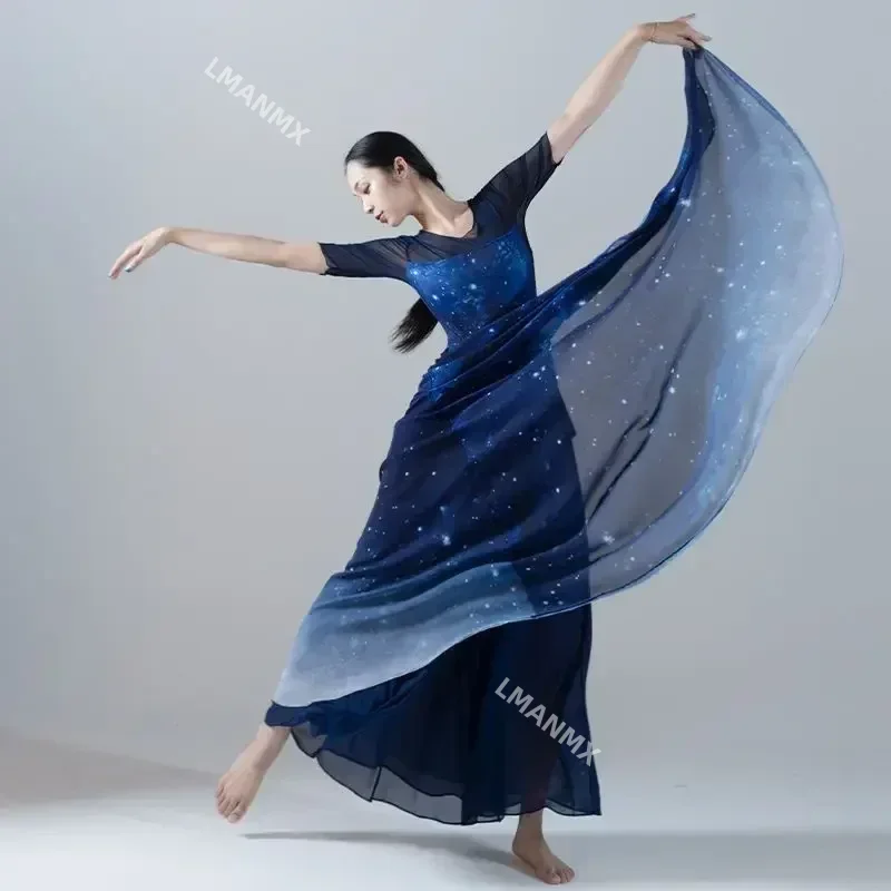 Starry Blue Gradient Chiffon Dance Set Women's Large Skirt Modern Dance Classical Dance Ballet Performance Dress