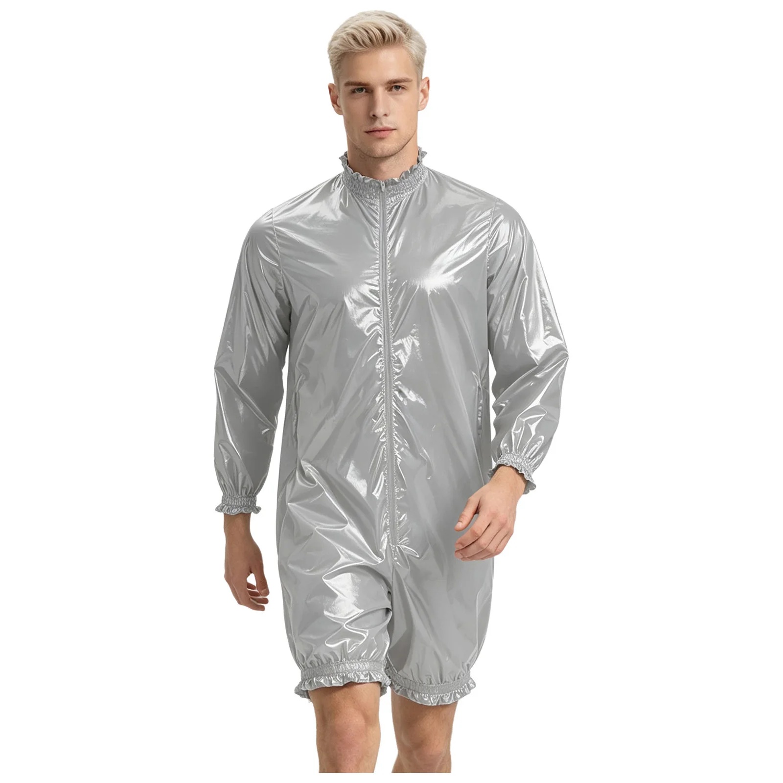 Herren Wasserdichter Vinyl-Bodysuit Badeanzug Langarm Vorderer Reißverschluss Kurze Hose Leotard Overall Gerüschter Windelüberzug Einteiler – Detail 6
