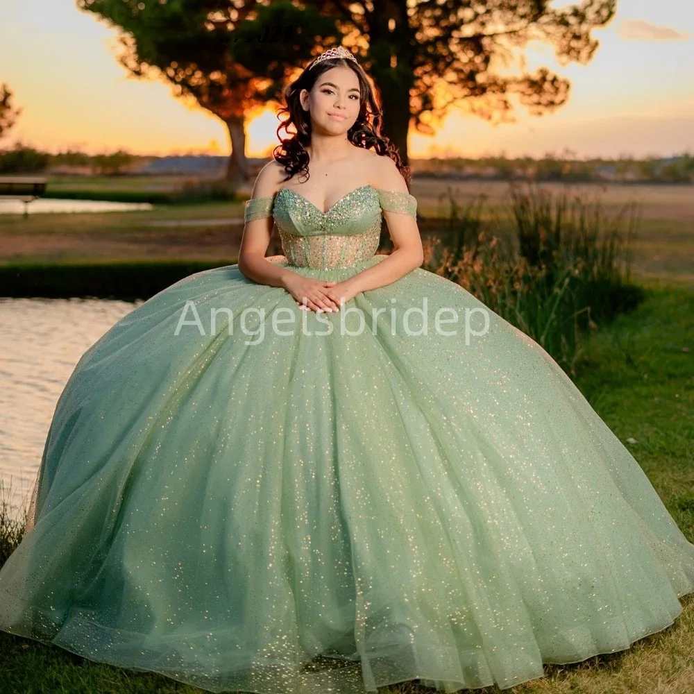 Angelsbridep Customized Sage Green Ball Gown Quinceanera Dresses Beading Shiny Tulle Vestido De 15 Anos Mexican Party Gown