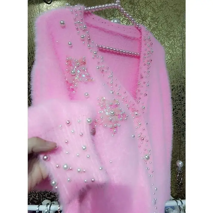 

2025 Y2K Heavy Embellished Cardigan-Handmade Beaded Floral Sweater with Sequins, Pearls Fuzzy Trim Women's Fashion Spring Coat