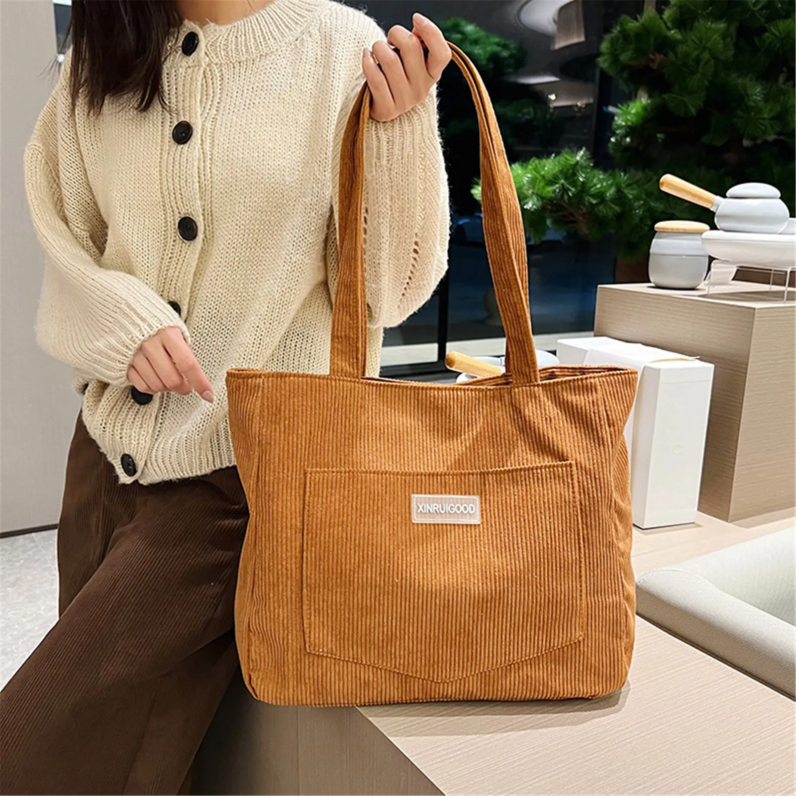 New Large Capacity Shoulder Bag For Women Trendy Corduroy Tote Bag Solid Color Ladies Handbag Student Casual Harajuku Bookbag