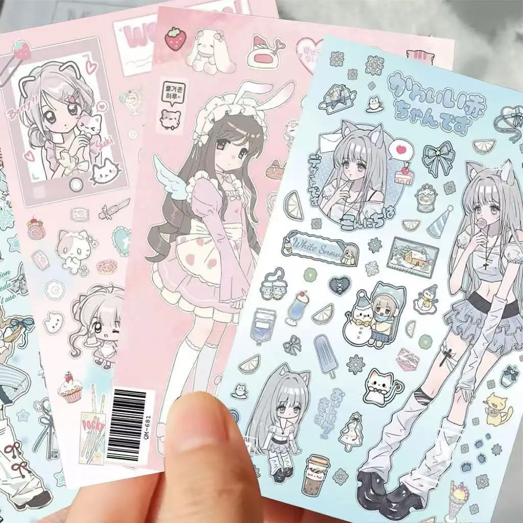 8PC Mix Sweet Girl Illustrated Cut-out Stickers Cute Anime Style Japanese Style Soft Cute Packaging Material Waterproof Stickers