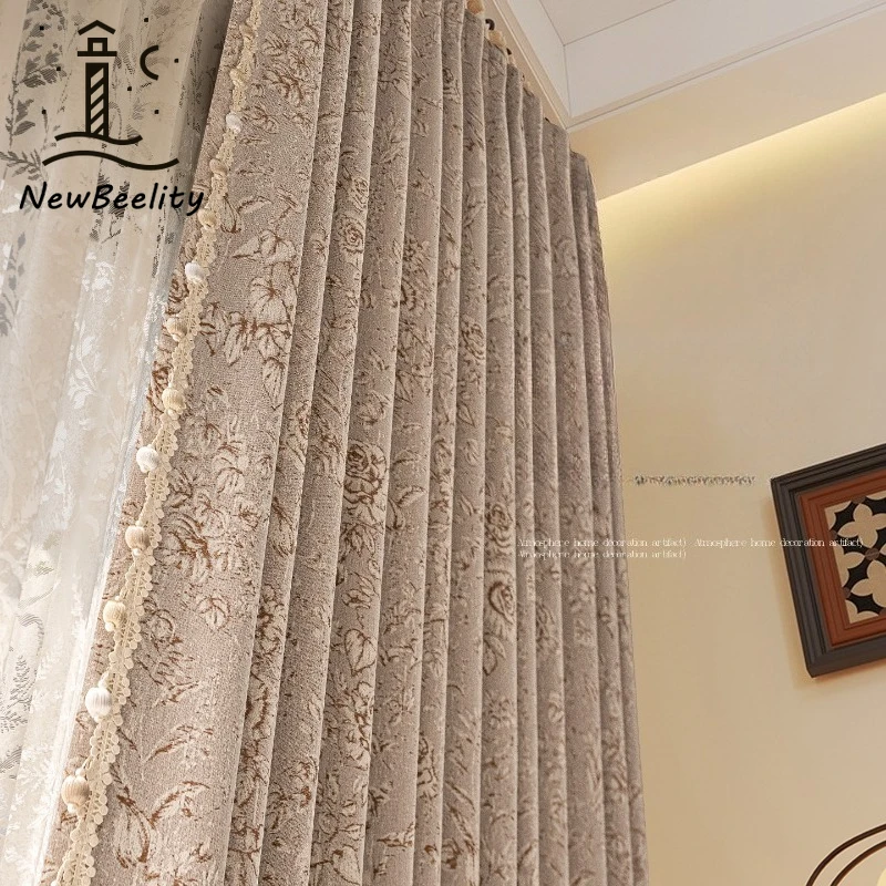 Neue Chenille-Jacquard-Südrosen-Vorhänge für Wohnzimmer, Esszimmer, Schlafzimmer, luxuriöse Verdunkelungs-Mode, Spitze, individuelle Größe, Dekoration