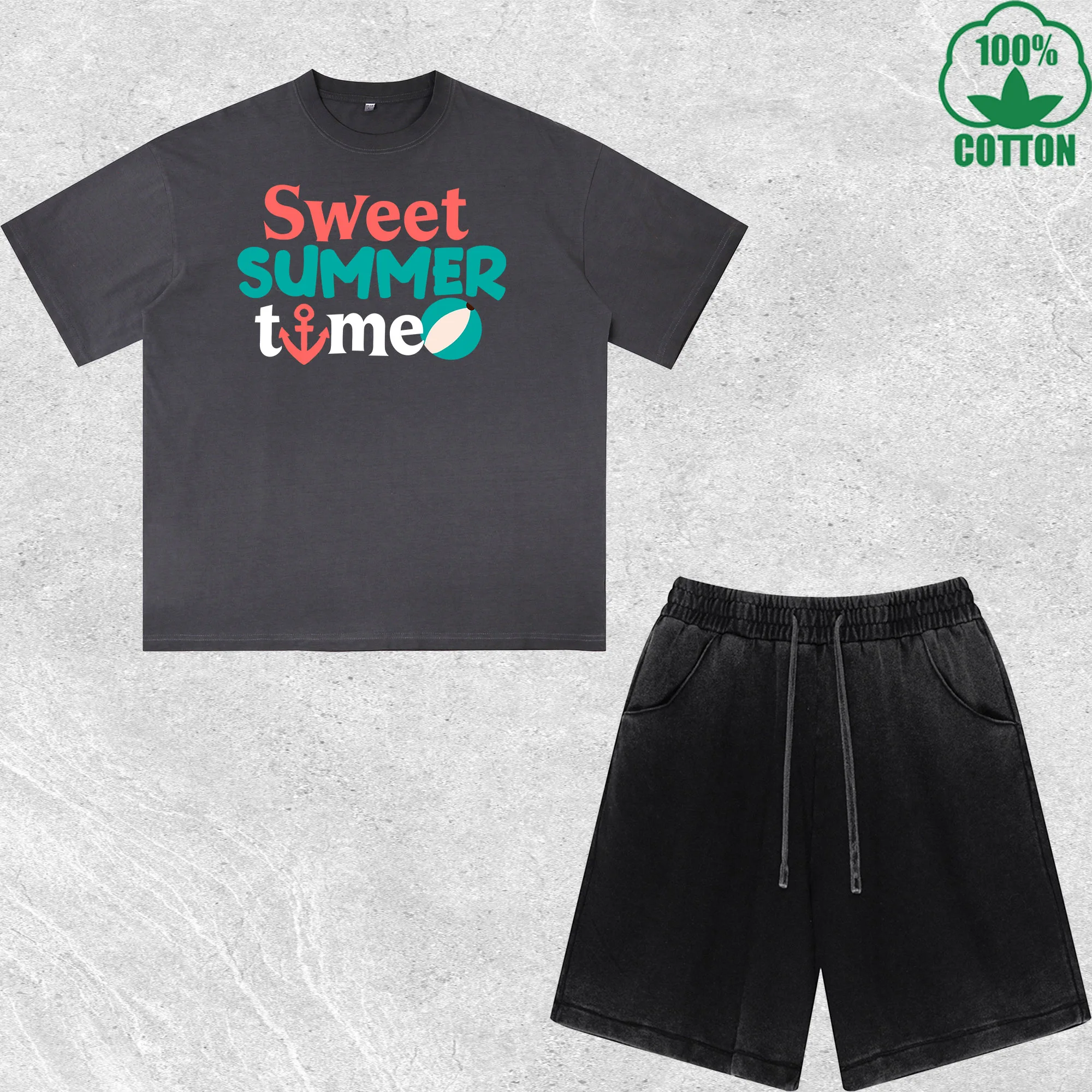 

Sweet Summer Time Printed Dirty Wash T-Shirt Shorts Set Combo Loose Trendy Fashionable 100%Cotton Black Suit