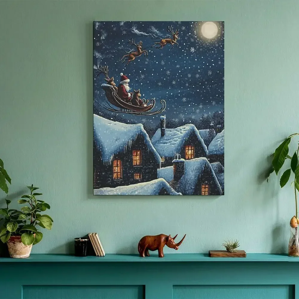 Pintura de escritorio navideña iluminada con fibra óptica, póster de escena de invierno, pintura en lienzo, marco de imagen de trineo de Papá Noel, 1 ud.