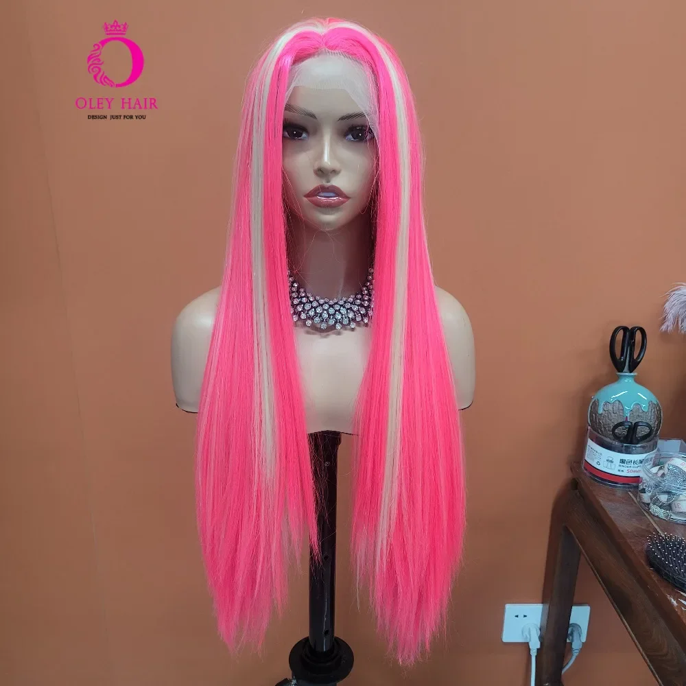 OLEY Pink Synthetic Lace Front Wig 13*4 Ombre Synthetic Wigs For Women Highlight Silky Straight Fibre Hair Wig Cosplay Wig