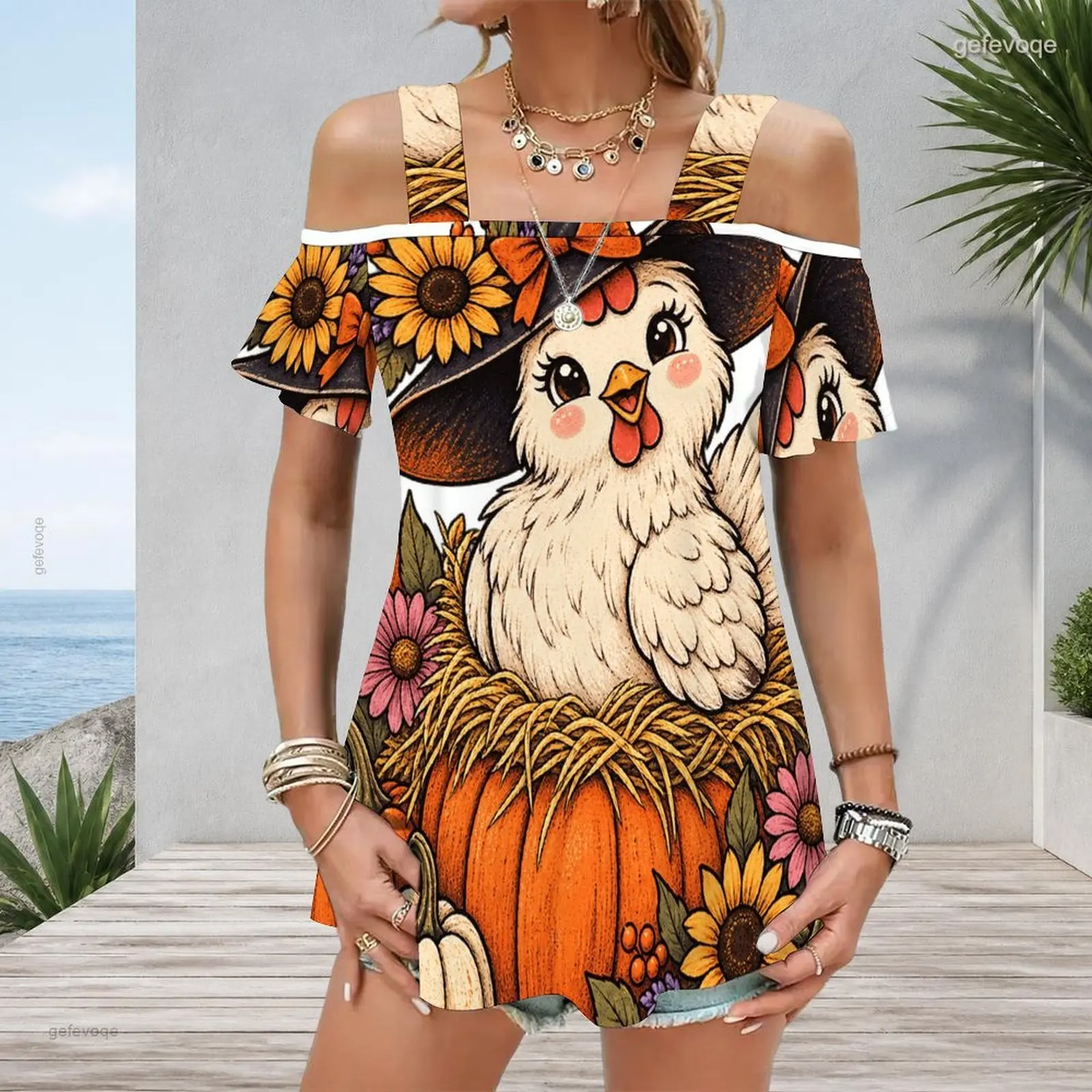 Wide Straps Cold Shoulder Flutter Sleeve Straight Hem Printed Top for Women