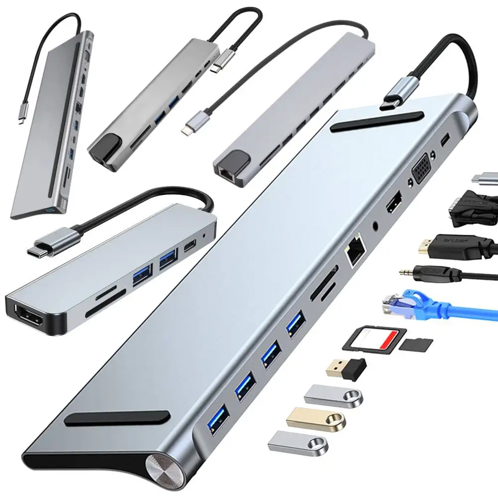 

Док-станция USB C 12/11/10/8/6 в 1, HDMI-совместимый VGA Ethernet USB C-концентратор, 100 Вт PD, многопортовый адаптер с тройным дисплеем для ПК