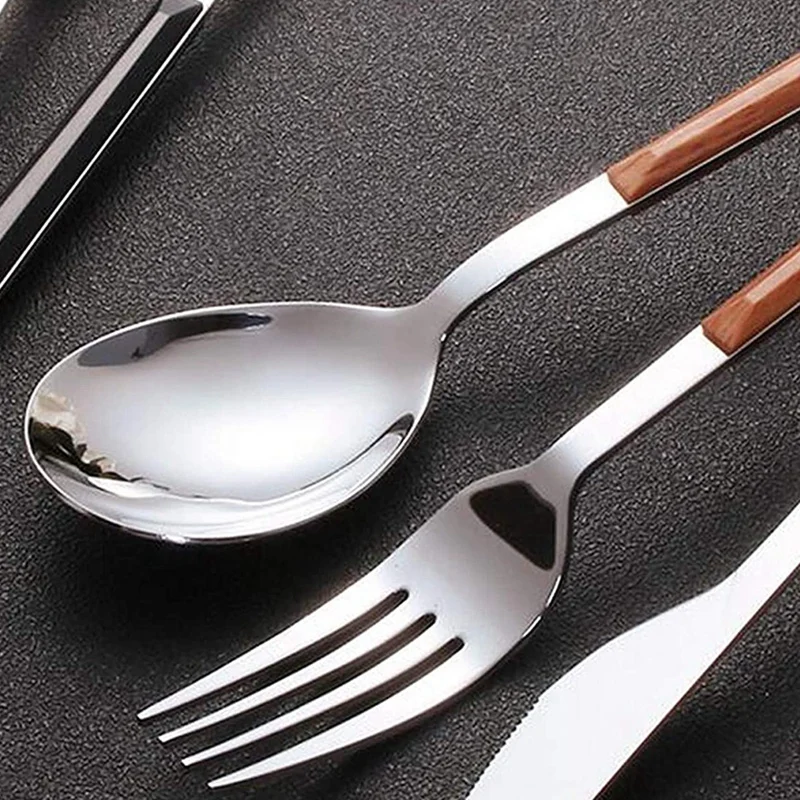 Hot 4 PCS Stainless Steel Cutlery With Imitation Wooden Handle, Knife,Fork,Spoon,Western Cutlery,Comfortable To Hold