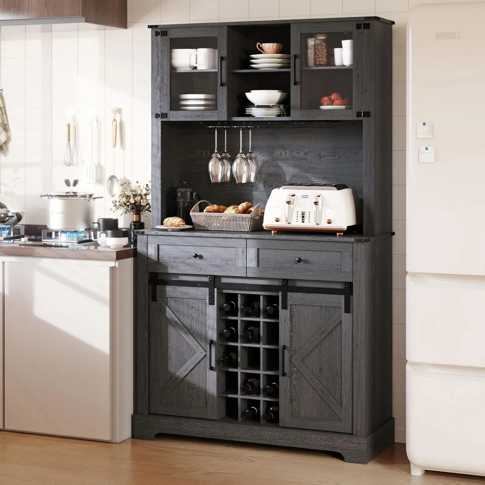 Wine Bar Cabinet with Sliding Barn Door, 72" Hutch Cabinet with Wine&Glasses Rack, Kitchen Pantry Buffet Cabinet with Drawers