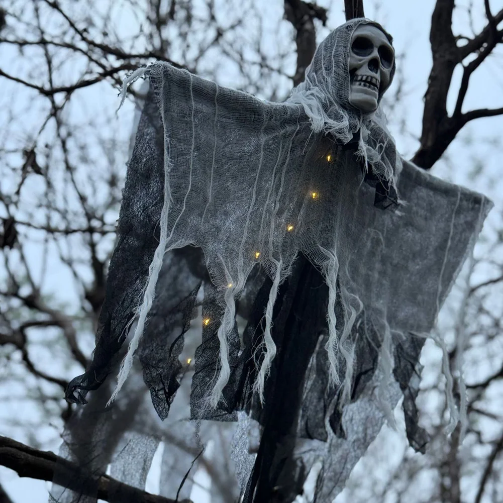 Fantasma scheletro appeso con luci a LED Grim Reapers Patio Portico Teschio Prop per la decorazione della festa di Halloween della casa stregata