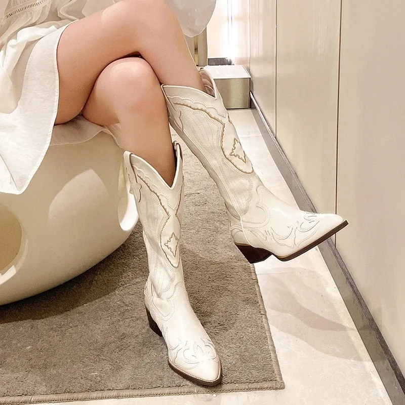 

Women's Western Cowboy Boots Retro White Knee High Boots Fashion Comfort Walking Women's Long Boots Big Size 42 Botas Para Mujer