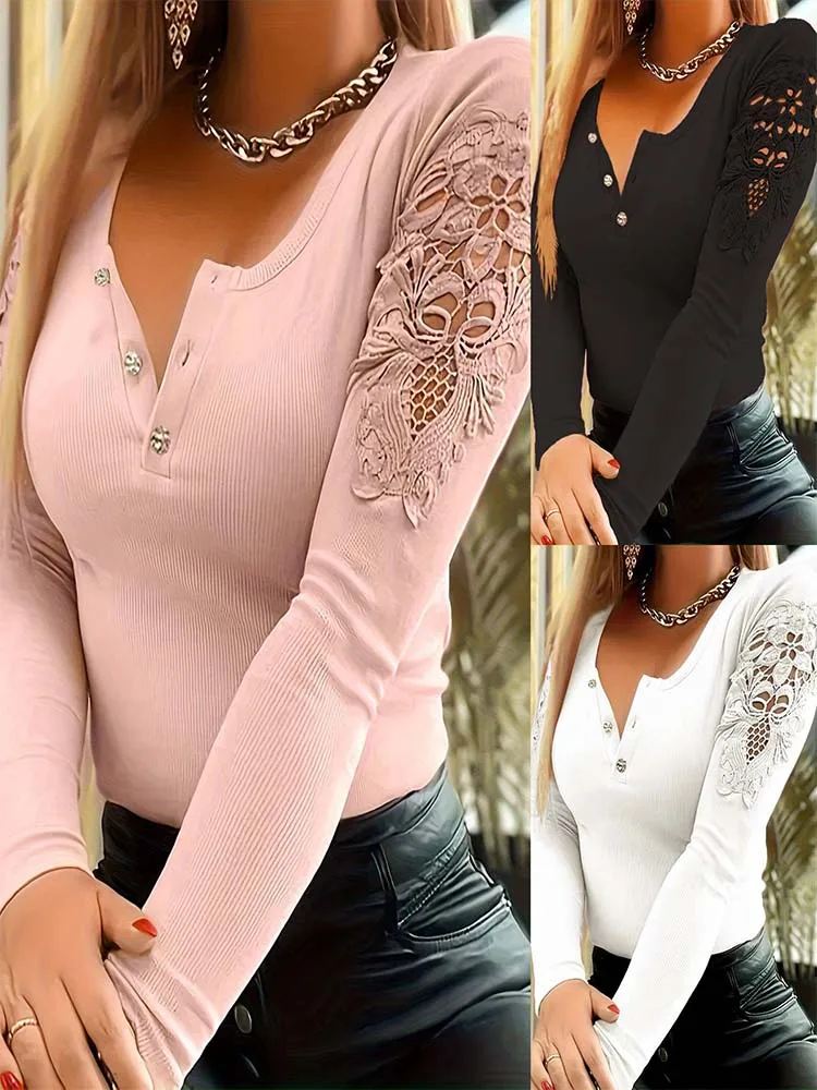 Autumn Solid Color Lace Button Top With Slim Fit Fresh Sweet Style Long Sleeved Women\'s Pullover Fashionable T-shirt