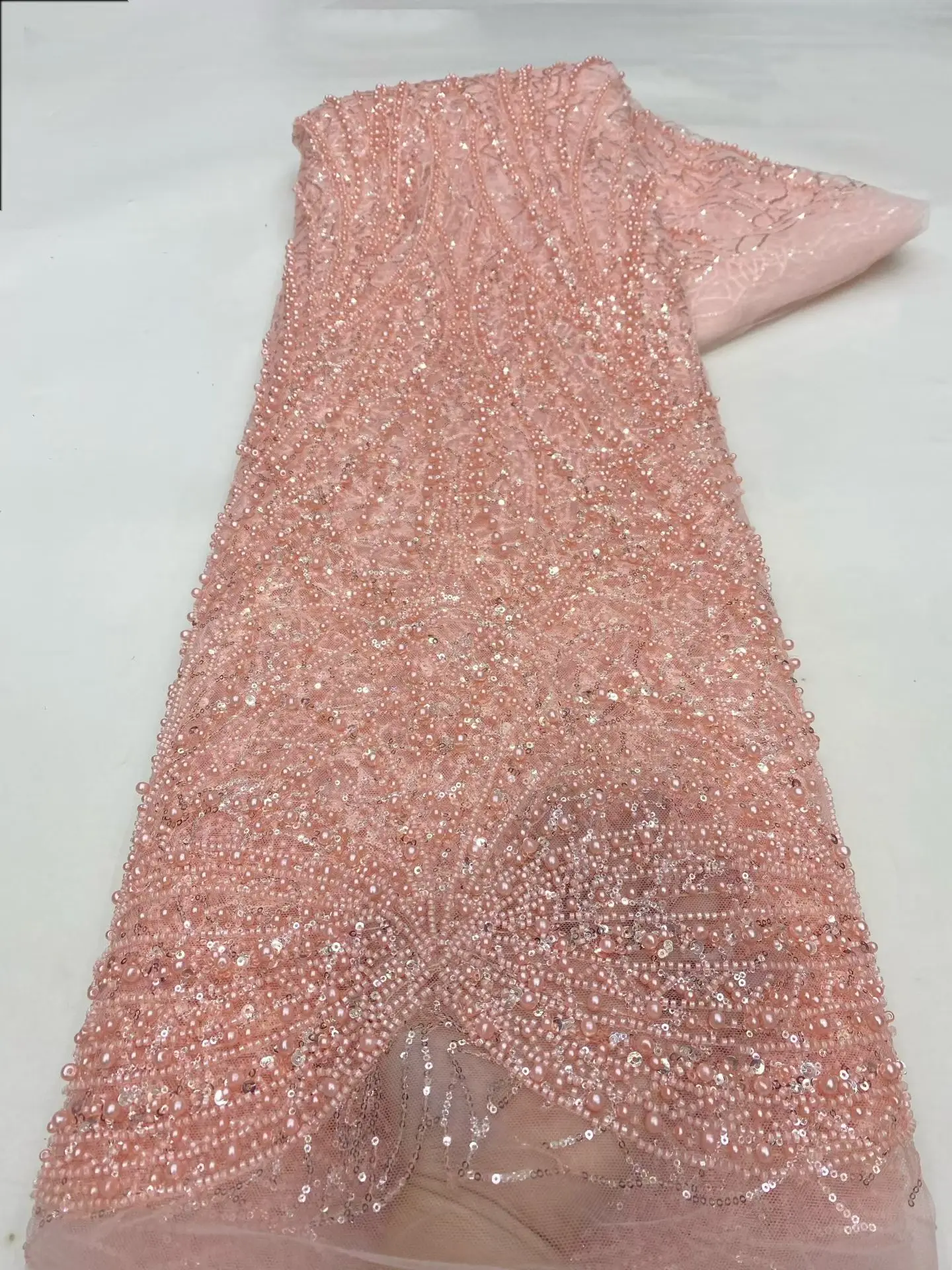 الأربطة الفاخرة للبيع 5 ياردة أحدث أقمشة الدانتيل جودة عالية 2025 اليدوية الخرز الدانتيل النسيج الترتر التطريز لحفل الزفاف H6-1 #6