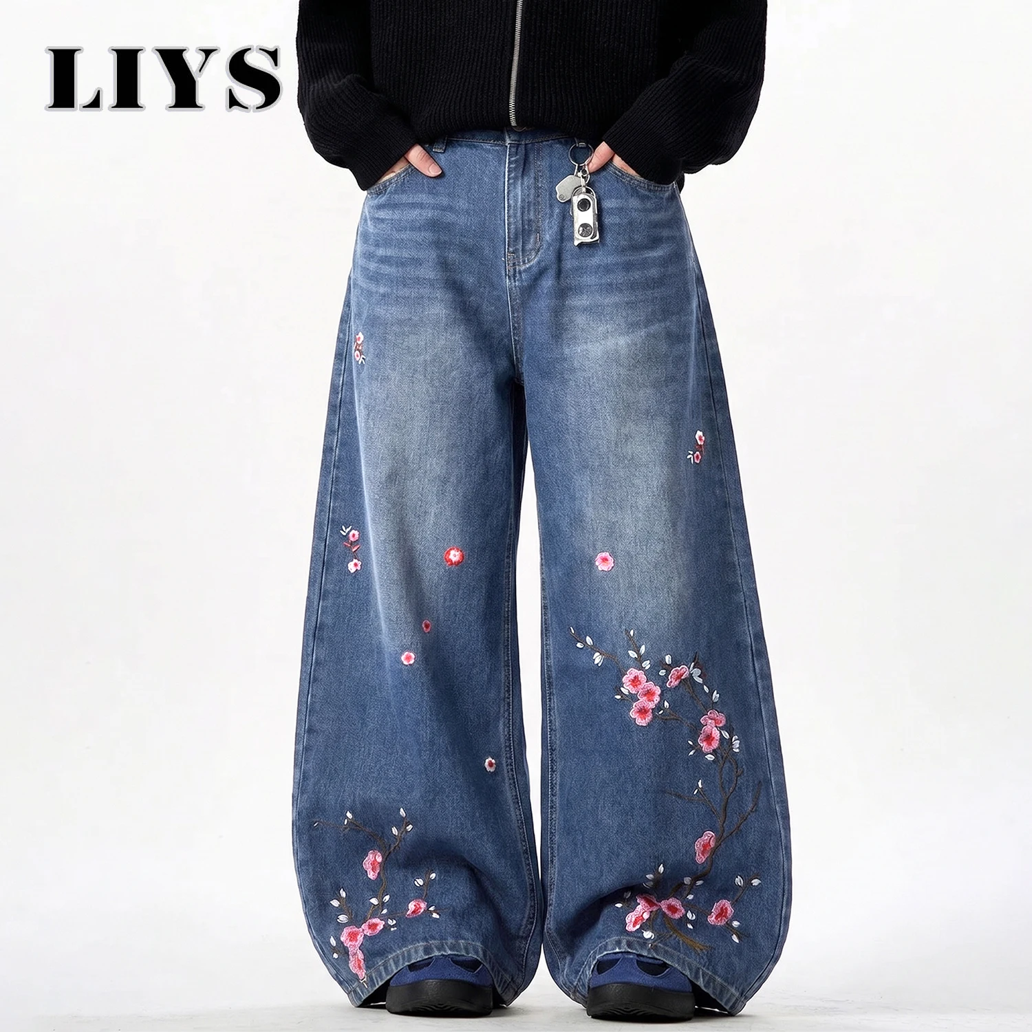 LIYS Men's Retor Plum Blossom Embroidered Baggy Jeans Blue Washed Wide Leg Denim Streetwear Casual Denim Pants Unisex ﻿