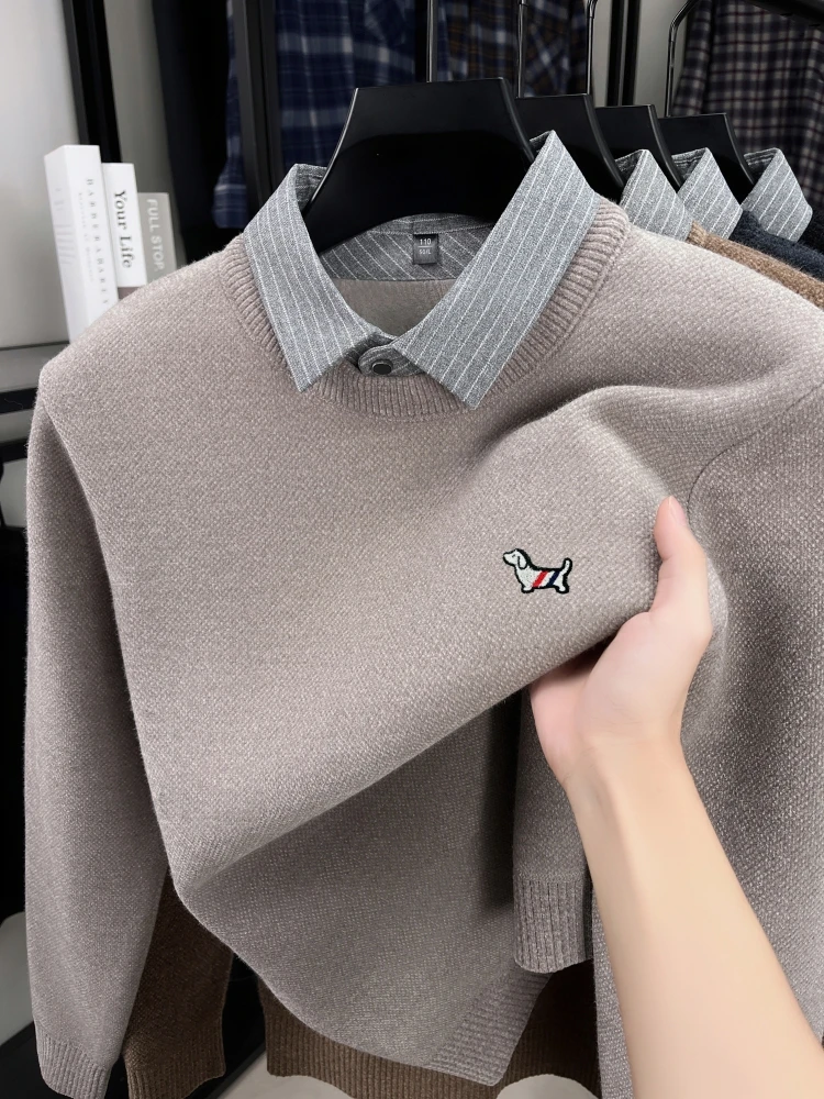 

Luxury fake two-piece design men's sweater high-end brand lapel pullover new fashion puppy embroidery plush thickened warm top