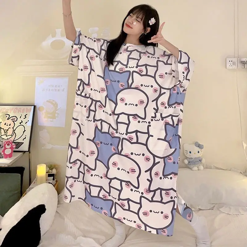 40-125KG HelloKitty Kuromi Cartoon Anime Nightdress Summer Short-sleeved Loose Long Pajama Woman Student Loungewear Large Size