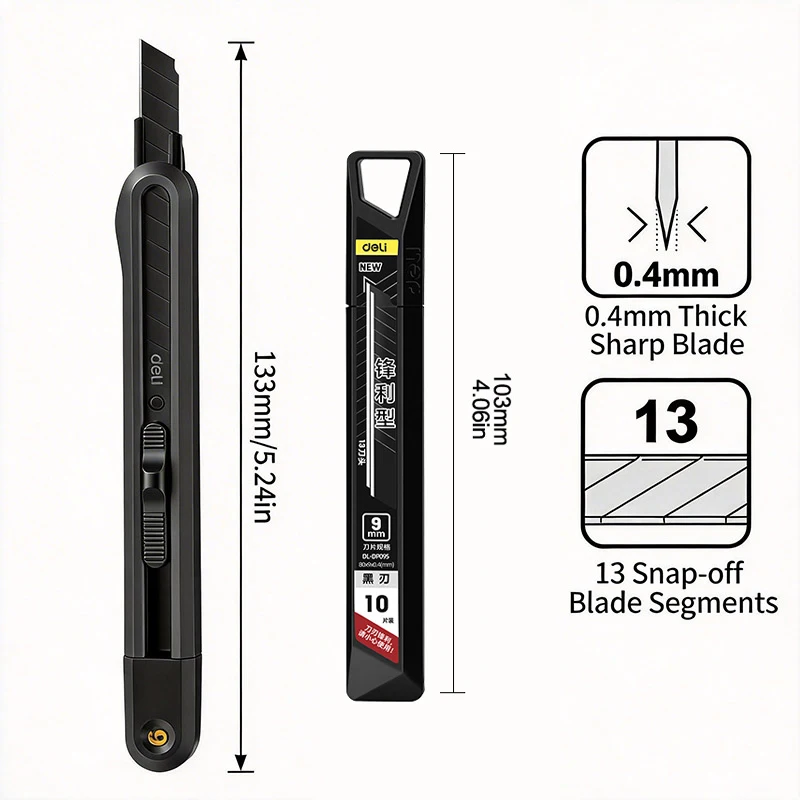 SK2 Black Blade Utility Knife 9mm ABS Engineering Plastic + 9mm 0.4mm 60° Alloy Steel Rustproof Blades Sharp Cutting Tool DIY