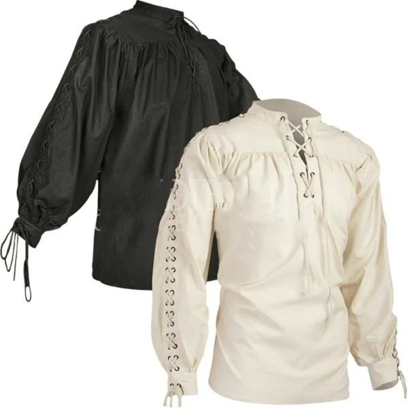 

High Quality Fashion Men's Bandage Long Sleeve Medieval Renaissance Shirt Gothic Men's Warrior Shirt