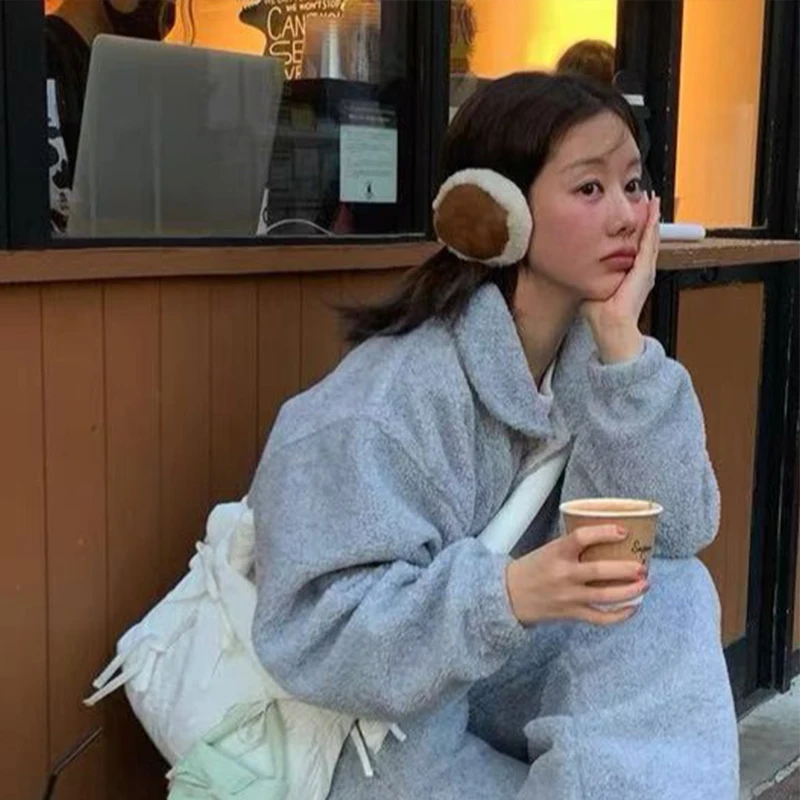 한국 커피색 플러시 접이식 귀마개 겨울 보온 야외 사이클링 스포츠 귀마개 여성용 귀덮개 겨울 액세서리