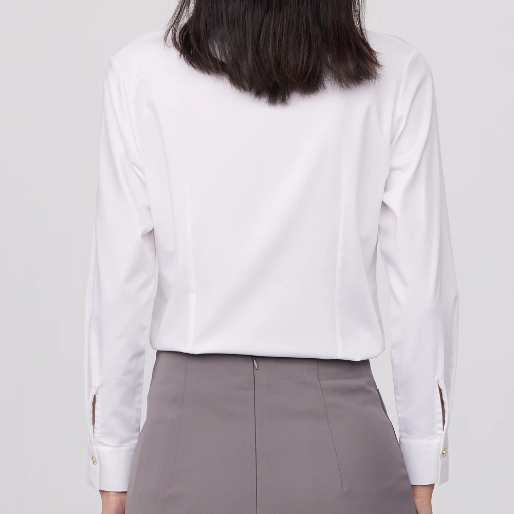 Ladies Office Detachable Brooch V-Neck Dress Shirts Without Pocket Hidden Buttons Placket Long Sleeve Slim-fit Female Shirt