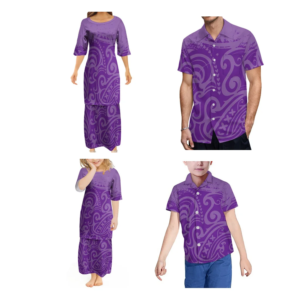 Fiji Samoa Family Art Dress Custom Polynesian Hot Selling Women'S Dress Mom Daughter Puletasi Long Dress Dad Son Shirt