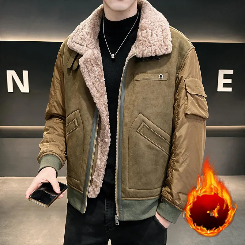 High-Quality Fashion Men's Faux Fur Lined Leather Jacket American Motorcycle Style Fake Two-Piece Stand Collar Coat