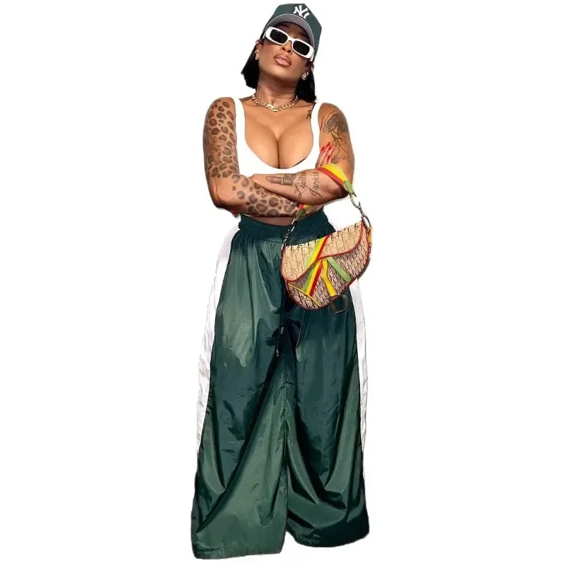 

2025 New European and American Women Clothing Street Waist Wide Legs Contrasting Color Floor Trousers