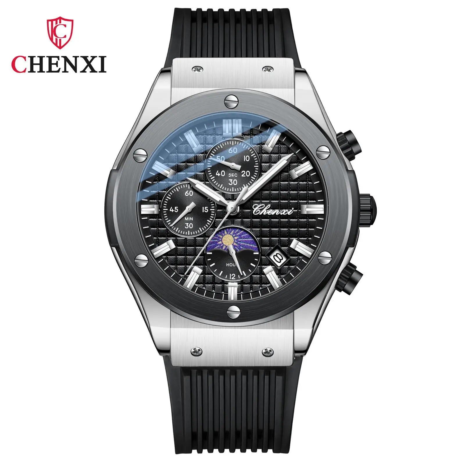 

Fashion Chenxi Top Brand Luxury Mens Sports Calendar Moon Phase Quartz Men Chronograph Waterproof Silicone Strap Wrist Watches