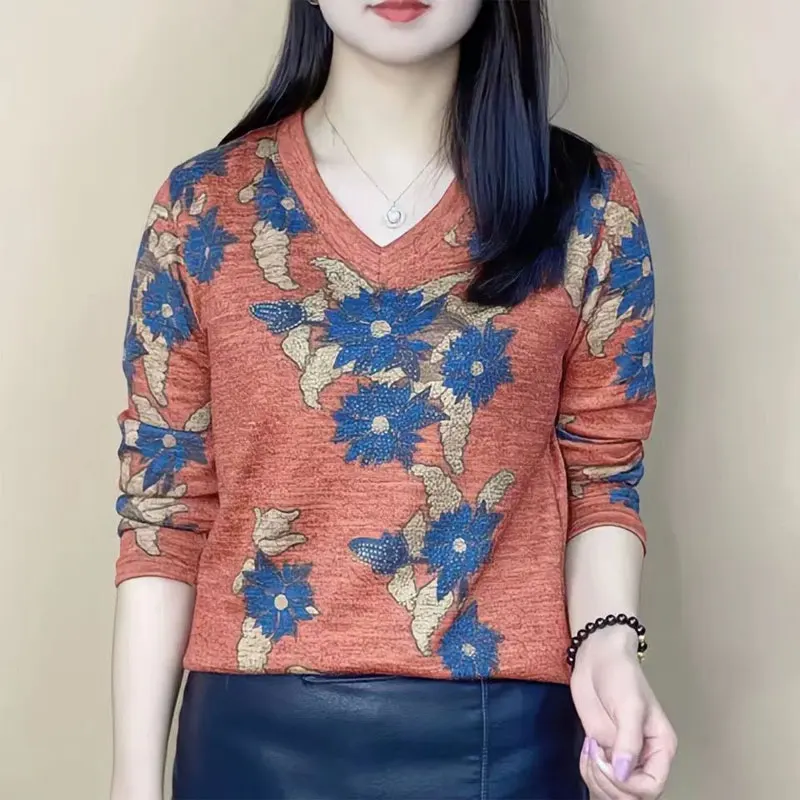 Stylish Floral Printed Pullovers Casual V-Neck Women's Clothing Chic Diamonds Spring Autumn Long Sleeve Vintage Loose T-shirt