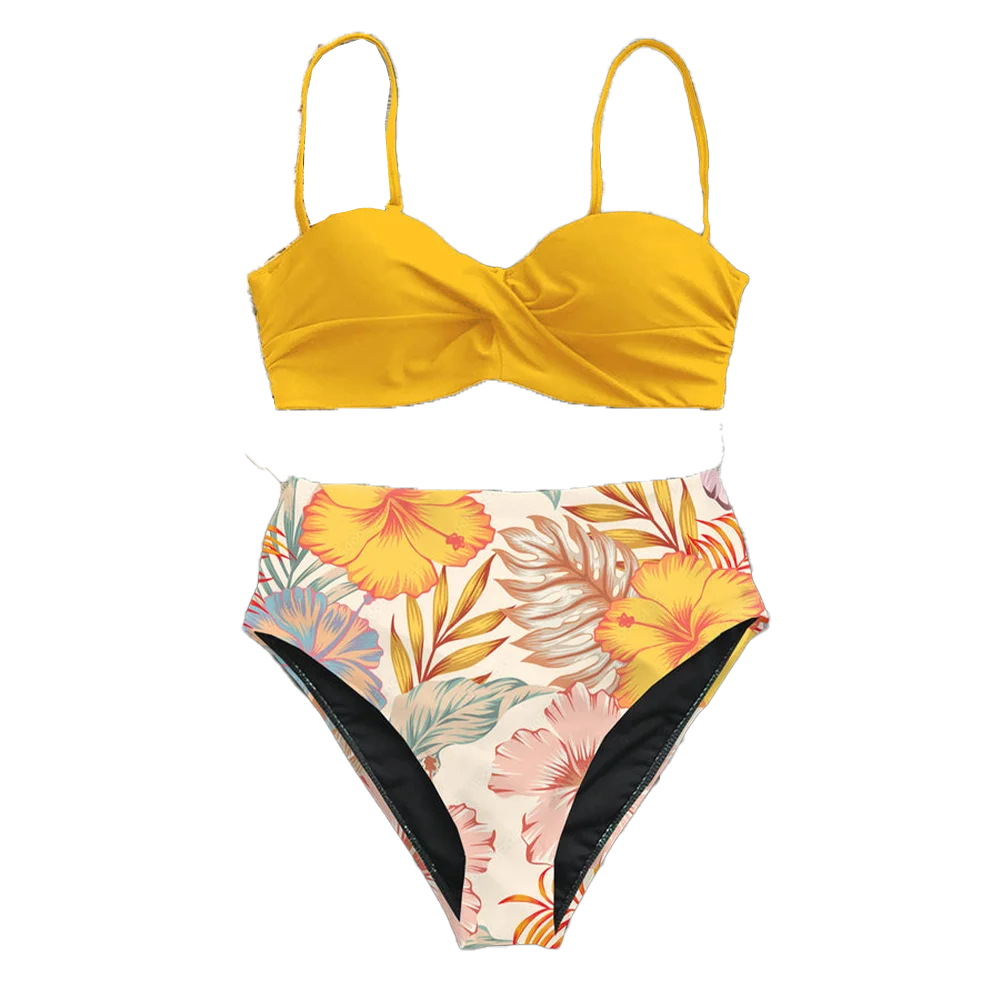 High Waisted Printed Bikini With Thin Shoulder Straps Youthful And Energetic Beach Wear Lemon Yellow Y2K Bathing Suit Sexy