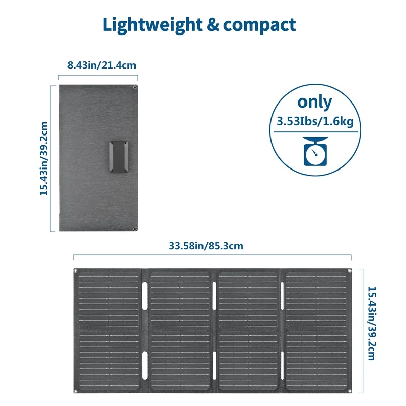 Carregador de painel solar dobrável leve 60W ETFE 23% de eficiência Carregador de telefone de carregamento rápido para viagens ao ar livre, caminhadas, acampamento